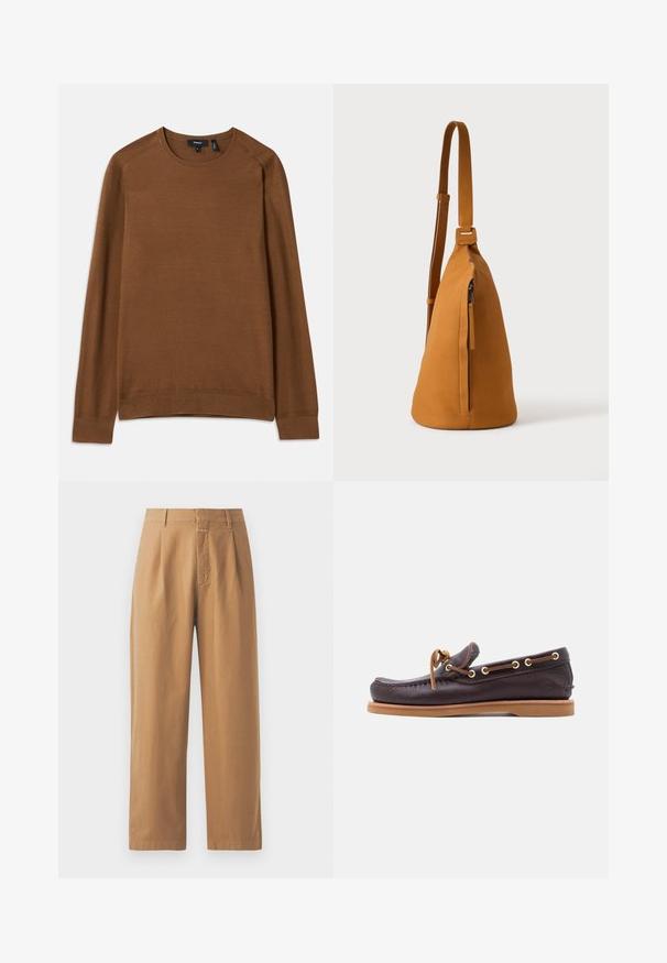 Brun strikket sweater med både rund hals, lange raglanærmer og struktureret mønster. Har ribbet manchetter og kant for et tætsiddende look.; Brune, brede bukser lavet af glat stof. Har høj talje med folder, bæltestropper og en enkelt frontlomme.; Mørkebrun læderbådsko med guldøjer og syede detaljer, udstyret med en polstret krave og tanfarvet gummisål for bedre greb.; Tan læder crossbodytaske med justerbar rem og lodret lynlåslomme, vist fra siden mod en ensfarvet lys baggrund.