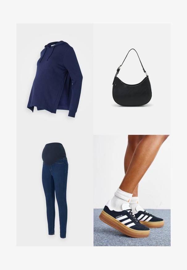 Sweatshirt de maternité bleu marine avec une poche kangourou, des manches longues, un capuchon ajustable à cordon de serrage et des fentes sur les côtés pour un confort supplémentaire.; Jeans de maternité en denim bleu foncé, avec une taille élastique foncée et un design slim avec poches.; Jambes portant des chaussettes blanches et des baskets Adidas Gazelle noires avec des bandes blanches et des semelles épaisses marron sur un sol recouvert de moquette grise.; Sac hobo noir en cuir lisse avec une silhouette arrondie, doté d'une seule sangle ajustable et de détails de design minimalistes.