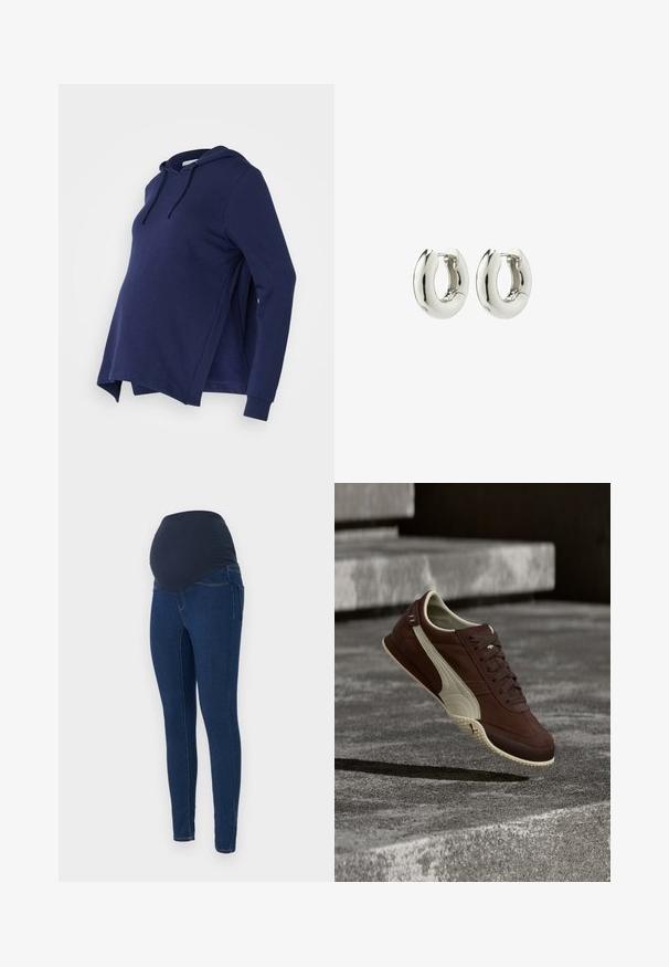 Donkerblauwe zwangerschaps hoodie met een kangoeroezak, lange mouwen, verstelbare trekkoordcapuchon en zijsplitsen voor extra comfort.; Zwangere jeans in donkerblauwe denim, met een rekbare donkere tailleband en een slim-fit ontwerp met zakken.; Bruine sneaker met beige zool en zijstreep zweeft boven betonnen trappen in natuurlijk licht.; Zilveren creolen met een glad, afgerond ontwerp en een glanzende afwerking. Voorzien van een eenvoudige scharnier sluiting voor gemakkelijk dragen.