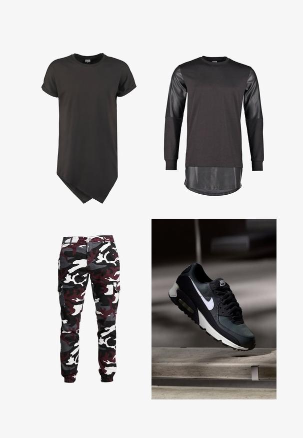 Sort sweatshirt med læderærmer og en længere, blank sort nederste kant. Har en rund halsudskæring og en afslappet pasform. Glat tekstur generelt.; Sort T-shirt med korte ærmer, opkrogede manchetter og en asymmetrisk spids kant foran.; Kamuflage cargo bukser med mønstre i sort, hvid, grå og burgunder. Lavet af bomuldsmateriale med sidelommer og elastiske cuff ved anklerne.; Sort og grå Nike Air Max sneaker med hvid swoosh, ophængt over en betongulv mod en sløret mørk baggrund.
