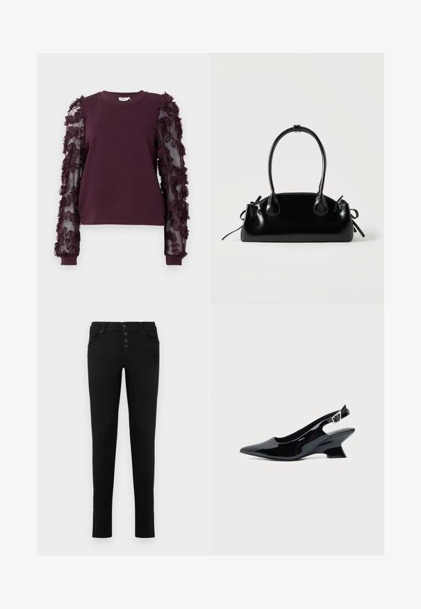 Sweatshirt bordeaux avec des manches transparentes ornées de fleurs en tissu froncé. Encolure ronde et poignets ajustés complètent le design.; Jean en denim noir avec une coupe slim, cinq poches et un bouton. Présente une texture lisse et des lignes épurées.; Chaussure slingback en cuir verni noir avec bout pointu et petit talon bloc incliné sur fond clair uni.; Petit sac à main noir brillant avec deux longues anses et des détails à cordon sur les côtés sur un fond clair uni.