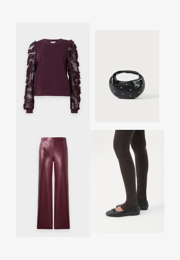 Sweatshirt bordeaux avec des manches transparentes ornées de fleurs en tissu froncé. Encolure ronde et poignets ajustés complètent le design.; Pantalons en simili cuir bordeaux à jambe large, avec une texture lisse et des boutons décoratifs à la taille.; Jambes portant des leggings côtelés foncés associés à des ballerines noires avec de petits détails en nœud sur fond blanc.; Sac à main en cuir noir de forme arrondie, décoré de clous argentés et équipé d'une poignée courte. Texture lisse et fermeture éclair.