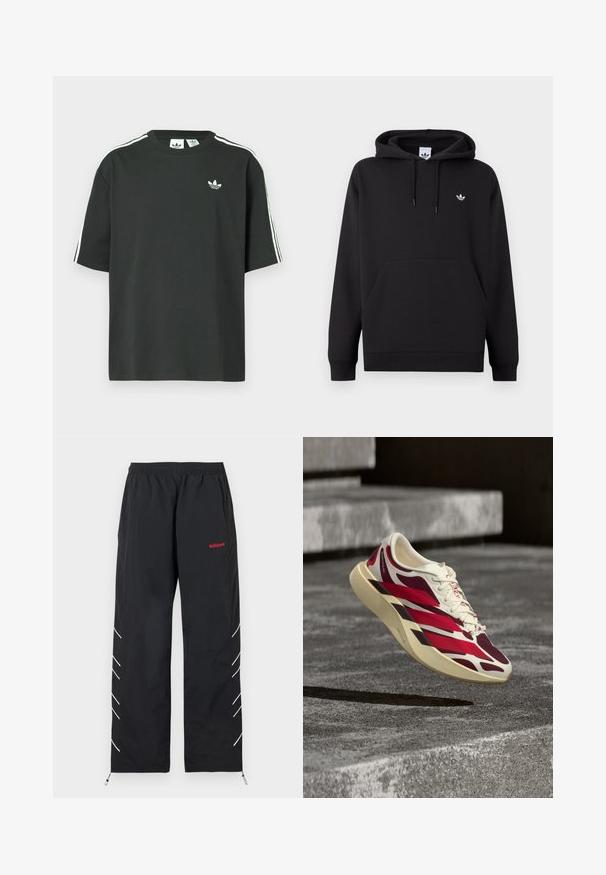 Μαύρο φούτερ Adidas με μπροστινή τσέπη καγκουρό, κουκούλα με κορδόνι, ριμπ μανσέτες και μικρό λευκό λογότυπο Trefoil στο αριστερό στήθος.; Μαύρο βαμβακερό μπλουζάκι με κοντά μανίκια, στρογγυλή λαιμόκοψη και λευκές τρεις ρίγες στο ύψος των ώμων. Φέρει μικρό λευκό λογότυπο στο στήθος.; Μαύρο παντελόνι φόρμας Adidas με ελαστική μέση, κόκκινο λογότυπο στο δεξί μηρό, λευκές διαγώνιες ρίγες στα πλάγια των ποδιών και ρυθμιστικά στους αστραγάλους.; Λευκό και κόκκινο αθλητικό παπούτσι με παχιά σόλα που αιωρείται πάνω από υφασμένα γκρι τσιμεντένια σκαλοπάτια.