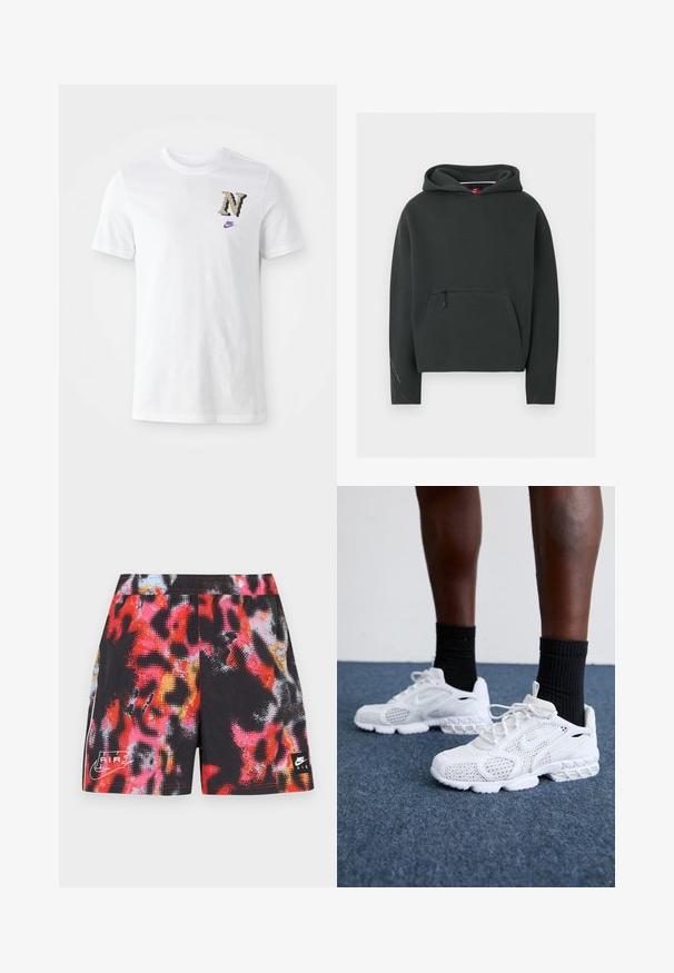 Zwarte Nike hoodie met voorzak met ritssluiting, lange mouwen en capuchon, weergegeven op een effen lichtgrijze achtergrond.; Witte katoenen t-shirt met een camouflagedessineerde "N" logo en een klein paars Nike swoosh op de borst. Klassiek ontwerp met een ronde hals.; Zwarte korte broek met een meerkleurig abstract patroon in rood, roze en blauw, voorzien van een wit Nike Air-logo en contrasterende zijkanten.; Witte sportieve schoenen met een bovenkant van mesh, gemêleerde accenten en een gevoerde zool. Samengesteld met zwarte geribde enkelsokken op een blauwe tapijtvloer.