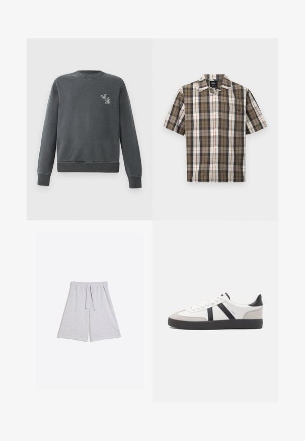 Sweatshirt gris fabriqué en tissu mélangé coton. Il dispose d'un col rond, de poignets en côte et d'un petit design graphique sur la poitrine gauche.; Chemise à manches courtes avec boutons, motif à carreaux marron, blanc et noir, et une poche poitrine avant, posée à plat sur un fond clair.; Shorts tricotés gris clair longueur genou avec taille élastique et cordon, posés à plat sur fond blanc.; Baskets blanches avec des accents noirs et gris, présentant un embout texturé gris, une semelle en caoutchouc noir et des lacets plats blancs. Design épuré, style minimaliste.