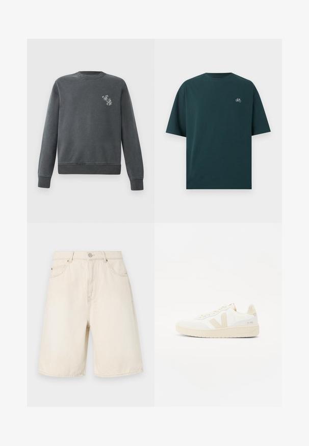 Grå sweatshirt lavet af en bomuldsblanding. Har rund hals, ribbede manchetter og et lille grafisk design på venstre bryst.; Mørkegrøn t-shirt med korte ærmer, rund hals og lille hvid cykel-ikon på venstre bryst.; Beige denimshorts med høj talje, der har en knap- og lynlåslukning, frontlommer og stikninger langs kanten.; Hvide sneakers med beige accenter, der har en tekstureret overdel, rund tå og en tykk gummisål. Designet inkluderer det ikoniske V-logo og branding.