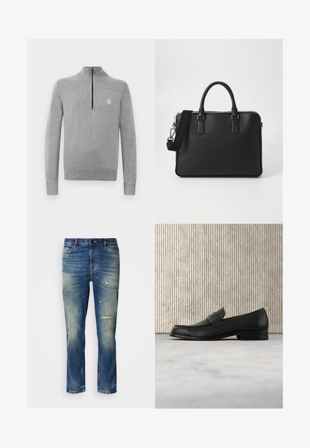 Grijze pullovertrui met een ritsluitbare opstaande kraag. Heeft lange mouwen, geribde manchetten en een kleine logopatch op de borst. Zachte gebreide textuur.; Lichtblauwe denim jeans met een relaxte pasvorm, voorzien van versleten details, vervaagde patches en een klassieke knoop- en ritsluiting.; Zwarte leren loafer zweeft boven een beige tapijt met op de achtergrond een glanzende, ronde, bruine tafel.; Zwarte leren tas met een gestructureerd oppervlak, dubbele handgrepen en een afneembare schouderriem. Bevat zilveren ritsen en minimalistische ontwerpelementen.