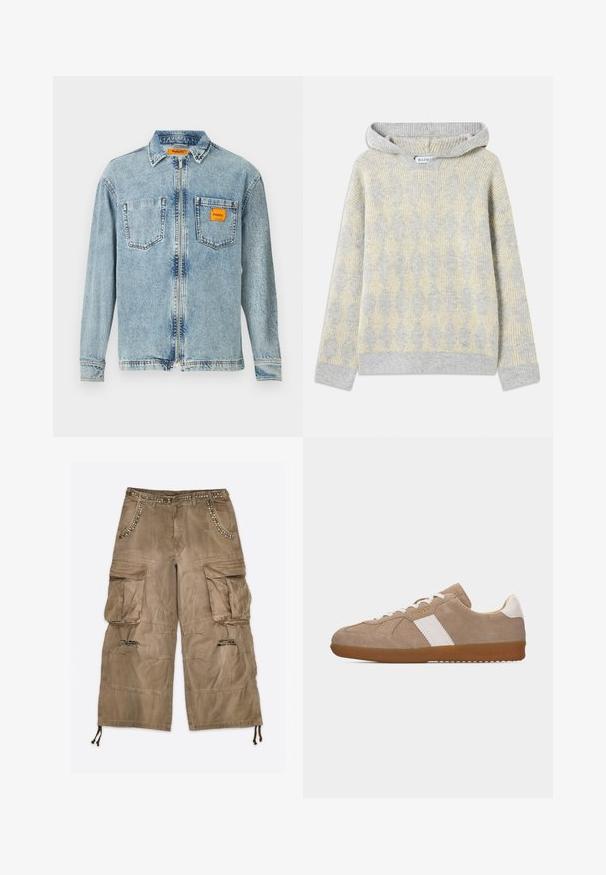 Kapuutsiga sviiter halli ja kollase rombimustriga, ribatud tekstuuri ja väikese logoga allääres. Puuvilla segu materjal.; Helefrontse lukuga helesinine denim jakker, kahe rindkere taskuga ja väikese oranži Replay Inc. etiketi avaga paremas taskus ja kraes.; Pruunid laadungipüksid suurte taskutega, põlvedel kulunud kangas, metallkinnitustega kaunistused vöö ja tasku servadel ning paelad äärtes.; Beežika sametist vabaajajalats valgete küljeribade, valge kandetripi, valgete paelte, kummist tallaga ja väikese kuldse „Polo" logoga külje peal.
