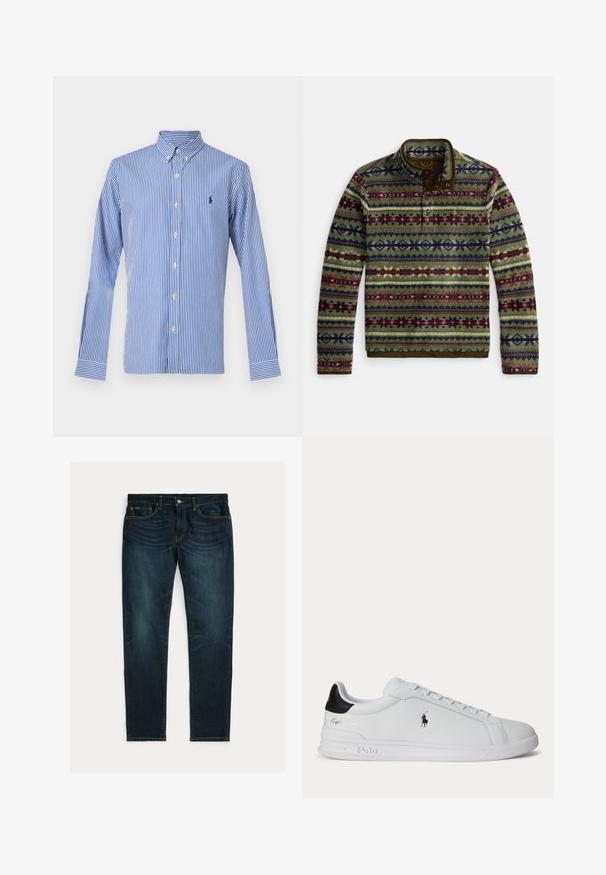 Fleece trui met een hoge kraag, ingewikkelde meerkleurige geometrische patronen, groene basis en bruine accentafwerkingen bij de kraag en zoom.; Blauw-wit verticaal gestreept overhemd met lange mouwen, knopen en een knoopkraag, met een klein marineblauw geborduurd logo op de linkerborst.; Donkerblauwe slim-fit jeans met lichte vervaging en vijfzakkenontwerp, plat gelegd op een witte achtergrond.; Witte lage sneaker met zwarte hieltab, veters en Polo Ralph Lauren-logo aan de zijkant, met gegraveerde zooldetails.