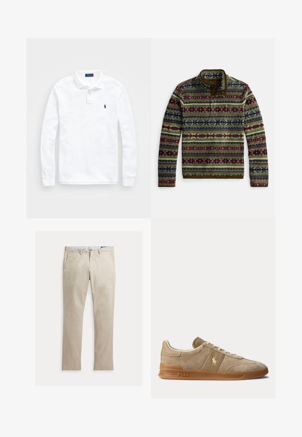 Fleece trui met een hoge kraag, ingewikkelde meerkleurige geometrische patronen, groene basis en bruine accentafwerkingen bij de kraag en zoom.; Wit lange mouwen poloshirt van katoen, met een kraag en een enkel blauw logo op de linkerborst. Eenvoudig, klassiek ontwerp.; Beige katoenen broek met rechte pijpen, voorzakken, riemlussen, knoopsluiting en ritssluiting, plat liggend op een witte achtergrond.; Beige suède en leren lage sneaker met gumzool, witte veters en Polo-logo op de zijkant en zool.