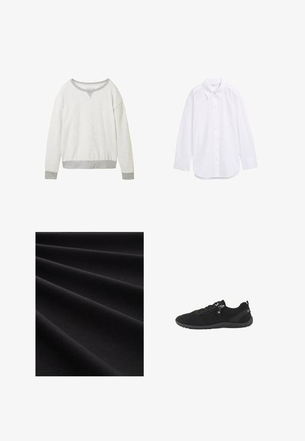 Pull léger gris clair avec un décolleté rond, des poignets gris contrastés et un accent en forme de V subtil au niveau du col. Texture douce.; Chemise blanche à manches longues en tissu, avec un col classique, une fermeture à boutons sur le devant et un ourlet arrondi. Texture lisse avec un minimalisme dans les détails.; Tissu noir lisse avec des plis doux formant des lignes diagonales et des ombres subtiles, mettant en valeur la texture et la finition mate.; Baskets basses noires avec empeigne en mesh, fermeture éclair latérale, lacets et semelle en caoutchouc, conçues pour un usage décontracté.