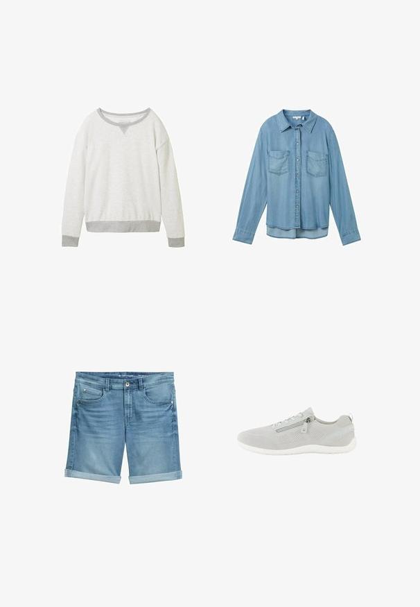 Hellgrauer Pullover mit Rundhalsausschnitt, kontrastierenden grauen Bündchen und einem subtilen V-förmigen Akzent am Kragen. Weiche Textur.; Helles blaues Denimhemd mit langen Ärmeln, Knopfverschluss und zwei aufgesetzten Taschen vorne. Es verfügt über einen klassischen Kragen und einen leicht abgerundeten Saum.; Jeansshorts in Hellblau mit einem verblassten Finish, featuring aufgerollten Säumen, Fünf-Taschen-Design und Metallknopfverschluss an der Taille.; Hellgrauer Mesh-Sneaker mit seitlichem Reißverschluss, Schnürverschluss, weißer Sohle und Zuglasche an der Ferse, gezeigt in der linken Profilansicht.