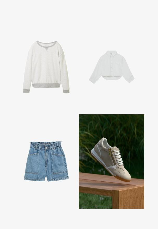 Pull léger gris clair avec un décolleté rond, des poignets gris contrastés et un accent en forme de V subtil au niveau du col. Texture douce.; Chemise blanche à manches longues raccourcie avec col pointu et une seule poche poitrine, étalée à plat sur un fond blanc.; Shorts en denim avec une taille élastiquée, couleur bleu clair, quatre poches et détail de couture visible le long des coutures.; Chaussure de sport beige en mesh et suède, équipée d'une fermeture éclair latérale, d'accents blancs et d'une semelle en caoutchouc, flottant au-dessus d'une surface en bois.