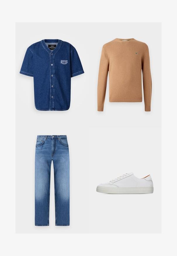Brun strikket sweater med rund hals. Ribstrikkede manchetter og kant. Har et lille grønt logo på brystet. Blød tekstur.; Kortærmet, button-up skjorte lavet af mørkeblå denim med klassisk krave og hvidt broderet logo på venstre bryst.; Blå jeans med lige ben i denim med klassisk fem-lomme-design og knaplukning, med subtile falmede detaljer på lår og knæ.; Hvid lavtop lædersneaker med snørelukning, tyk sål og minimal syningsdetalje på en ensartet lys baggrund.