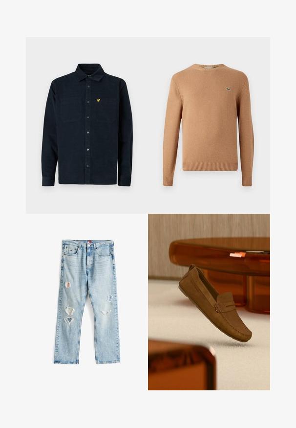 Brun strikket sweater med rund hals. Ribstrikkede manchetter og kant. Har et lille grønt logo på brystet. Blød tekstur.; Mørkeblå kordfløjlsskjorte med knaplukning, to brystlommer og et lille gult logo på venstre lomme.; Lysblå denimjeans med slidte huller og lapper. Lige pasform med synlige stikninger og en knaplukning i taljen.; Brun ruskindsloafer med synlige sømme, der svæver over et beige tæppe med orange gennemsigtigt møbel i baggrunden.
