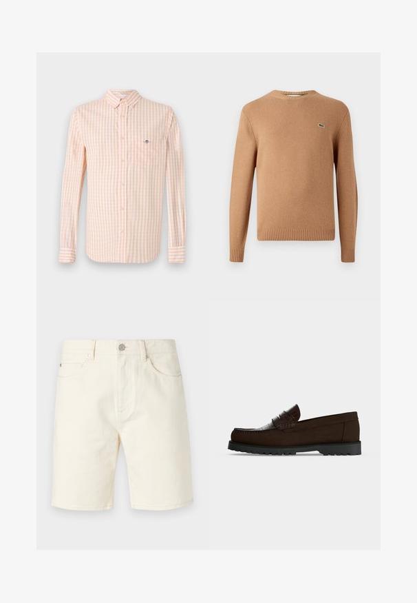 Bruine gebreide trui met een ronde hals. Geribbelde mouwen en onderrand. Heeft een klein groen logo op de borst. Zachte textuur.; Lichtoranje en witte geruite stoffen shirt met lange mouwen, button-down kraag en borstzak. Bevat een subtiele logo op de zak.; Lichtbeige denim shorts met een klassieke snit, voorzien van vo pockets, riemlussen en een knoopsluiting. Glad textuur met een effen kleur.; Donkerbruine loafer met mocassinnaad, krokodillen patroon bandje en dikke zwarte rubberen zool, zijaanzicht op een witte achtergrond.