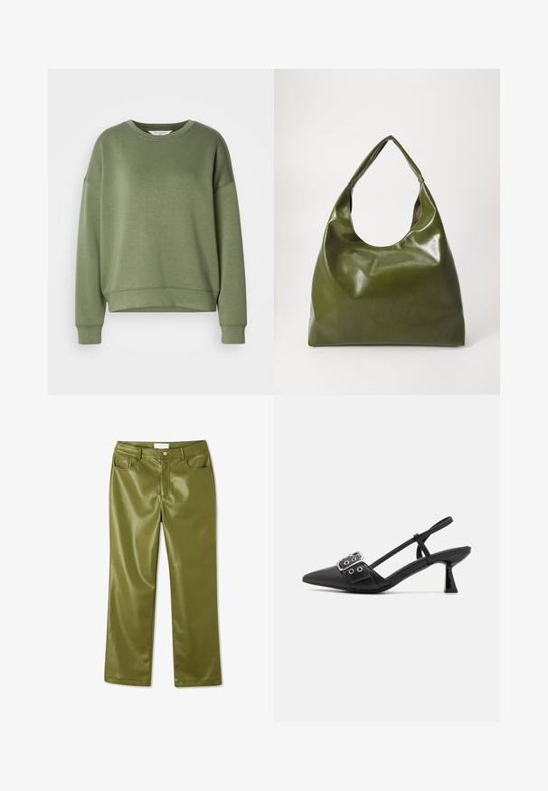 Sudadera verde oliva hecha de una tela suave. Presenta un escote redondeado, hombros caídos y un dobladillo corto con puños de canalé.; Pantalones de cuero sintético de color verde oliva, de talle alto, con una textura suave, cuatro bolsillos y cierre de botón en la parte delantera. Diseño de pierna recta.; Simmi London DALA - Tacones - black; Bolsa hobo verde de cuero con un diseño suave, asa curvada y textura lisa. No contiene hardware visible ni acentos.