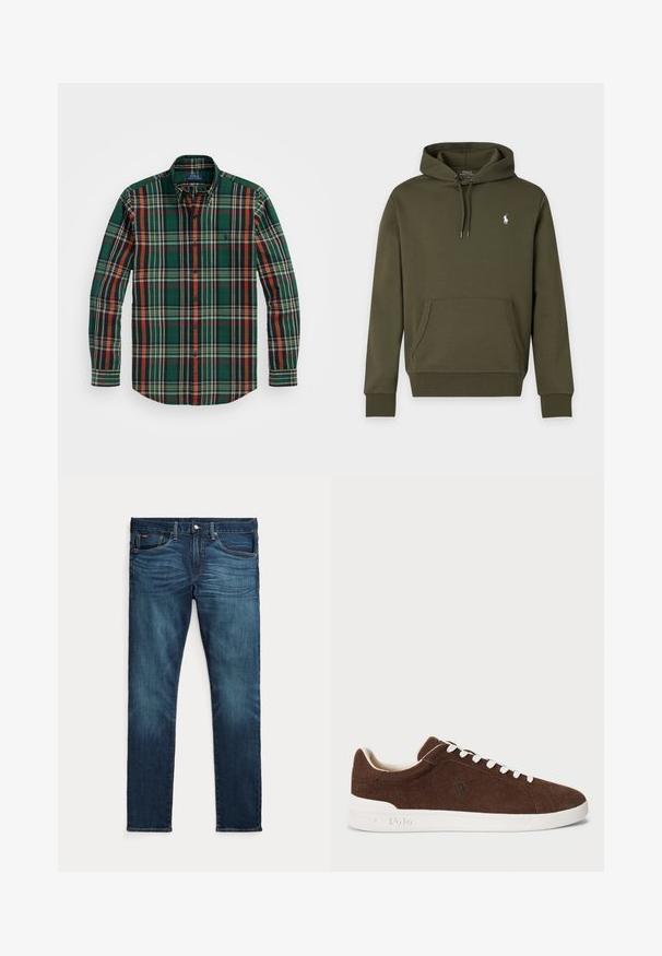 Tmavozelená mikina s kapucňou, predným vreckom a malým bielym logom Polo Ralph Lauren na ľavej strane hrude.; Zelená kockovaná košeľa na gombíky s pruhmi v oranžovej, námorníckej modrej a bielej farbe. Má klasický golier a dlhé rukávy, vyrobená z mäkkej bavlnenej tkaniny.; Tmavomodré slim-fit rifle s predným gombíkom a zipsom, piatimi vreckami a jemným blednutím na predných stehnách a kolenách.; Hnedé semišové nízke tenisky s bielou gumovou podrážkou, bielymi šnúrkami a vyšitou logom Polo na boku.