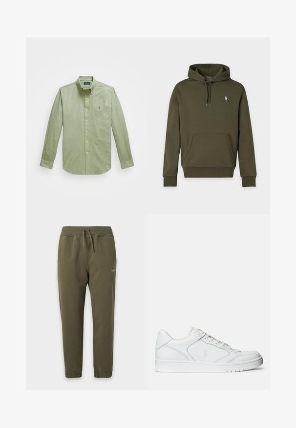 Tume roheline kapuutsiga dressipluus esitasku ja väikese valge Polo Ralph Laureni logoga vasakul rinnal.; Hele roheline pika varrukaga nööpidega särk, millel on terav krae, rinnal väike tikitud logo ja pärline nööp.; Oliivrohelised dressipüksid elastse vöökoha ja mansettidega, paelaga ning väike valge logo reie ülaosas.; Valged nahast spordijalatsid siledast materjalist, millel on ventilatsiooniga varvas, paelad ja kõrvale brodeeritud logo. Valge kummitald.