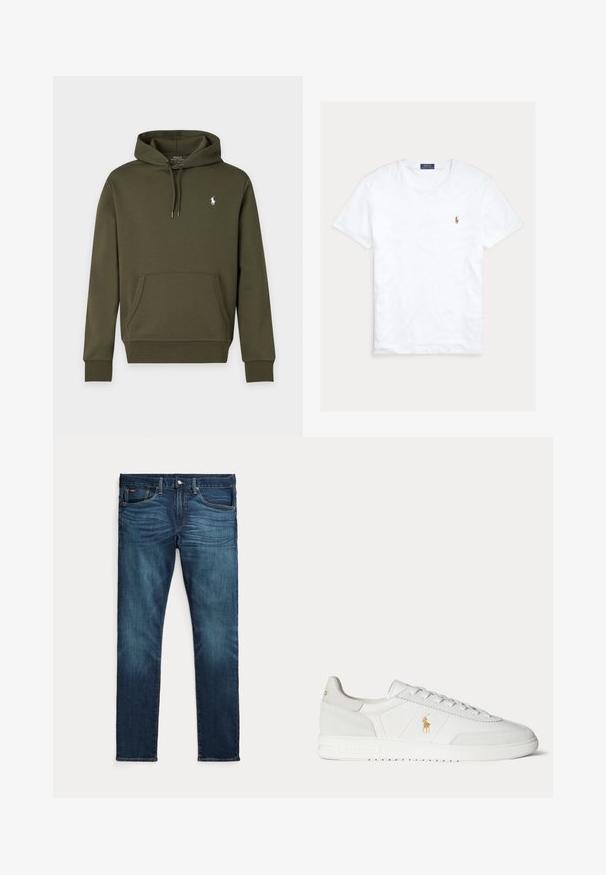 Tmavozelená mikina s kapucňou, predným vreckom a malým bielym logom Polo Ralph Lauren na ľavej strane hrude.; Biele tričko s krátkym rukávom a okrúhlym výstrihom, s malým vyšitým logom Polo Ralph Lauren na ľavej strane hrude a modrou značkovou etiketu vo vnútri goliera.; Tmavomodré slim-fit rifle s predným gombíkom a zipsom, piatimi vreckami a jemným blednutím na predných stehnách a kolenách.; Biela nízka teniska so šnurovaním, zlaté logo Polo Ralph Lauren na boku a textúrovaná podrážka na jednofarebnom pozadí.