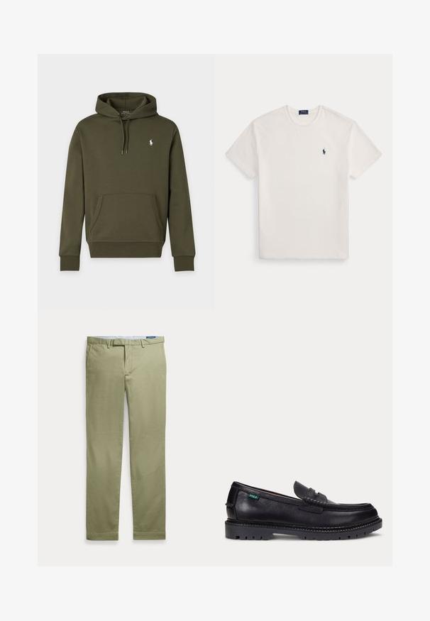 Sweat à capuche vert foncé avec poche avant et petit logo blanc Polo Ralph Lauren sur la poitrine gauche.; T-shirt blanc à manches courtes avec col rond et petit logo joueur de polo bleu marine sur la poitrine gauche.; Chino beige pour homme, coupe droite, avec passants de ceinture et poches avant, présenté à plat sur fond blanc.; Mocassin en cuir noir avec une semelle épaisse à crampons et une petite étiquette verte "Polo" sur le côté extérieur, près du talon.