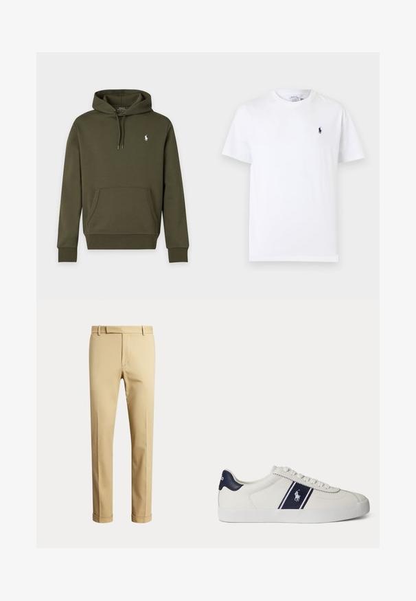 Tmavozelená mikina s kapucňou, predným vreckom a malým bielym logom Polo Ralph Lauren na ľavej strane hrude.; Biele tričko s krátkym rukávom a okrúhlym výstrihom, s malým tmavomodrým logom hráča póla na ľavej strane hrudníka.; Béžové nohavice s rovnými nohavicami, pútkami na opasok, predným zipsom a ohrnutými lemami, zobrazené na jednofarebnom svetlom pozadí.; Biele nízke tenisky s námorníckym modrým pásikom a logom na boku, s námorníckym modrým pätovým pásikom, plochou bielou podrážkou a bielymi šnúrkami.