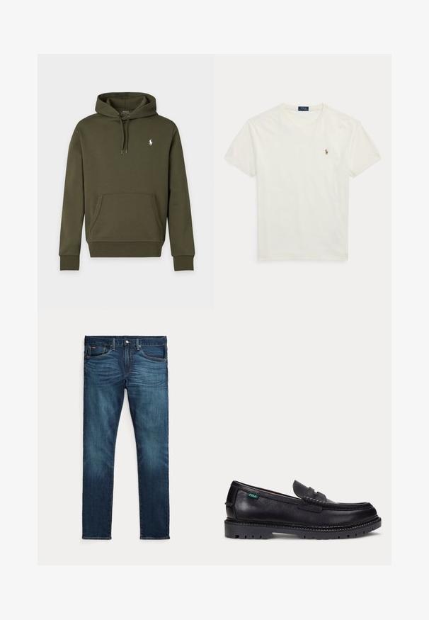 Tume roheline kapuutsiga dressipluus esitasku ja väikese valge Polo Ralph Laureni logoga vasakul rinnal.; Valge lühikeste varrukatega puuvillane T-särk ümara kaelusega, vasakul rinnal väike Polo Ralph Laureni tikitud logo.; Tumesinised kitsad teksad esiküljel nööbi ja tõmblukuga, viie taskuga ning peene tuhmumisega reite ja põlvede eesosas.; Mustast nahast loafer paksu soonelise tallaga ja väike roheline "Polo" silt välisküljel kanna lähedal.