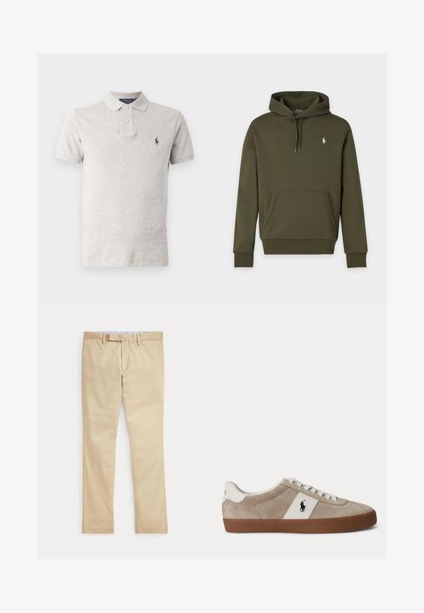 Dunkelgrüner Kapuzenpullover mit Fronttasche und kleinem weißen Polo Ralph Lauren Logo auf der linken Brust.; Hellgraues Poloshirt aus Baumwolle mit einem klassischen Kragen, einer Knopfleiste mit zwei Knöpfen, kurzen Ärmeln und einem kleinen grünen Logo auf der Brust.; Beige gerade Hose mit Gürtelschlaufen und einem vorderen Reißverschluss, flach auf weißem Hintergrund gelegt.; Beiger Wildleder-Sneaker mit niedrigem Schaft, weißen Schnürsenkeln, weißem Lederakzent mit schwarzem Pferdelogo und brauner Gummisohle.