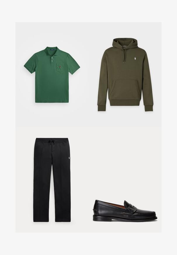 Tmavozelená mikina s kapucňou, predným vreckom a malým bielym logom Polo Ralph Lauren na ľavej strane hrude.; Zelená polo košeľa vyrobená z bavlneného zmesi, s golierom, trojbuttonovou légou a náprsného vrecka s malým červeným logom.; Čierne tepláky s rovným strihom, so sťahovacou šnúrkou v páse a malým bielym logom na ľavom stehne, zobrazené na svetlom pozadí.; Čierny kožený mokasín s nízkym podpätkom a detailom s penny remienkom, zobrazený z boku na svetlosivom pozadí.
