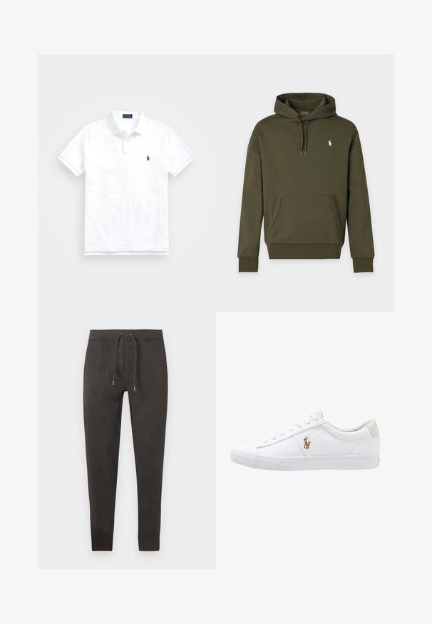 Sweat à capuche vert foncé avec poche avant et petit logo blanc Polo Ralph Lauren sur la poitrine gauche.; Polo blanc à manches courtes avec col, deux boutons et petit logo brodé bleu marine sur la poitrine gauche.; Pantalon de survêtement gris foncé en matière douce, doté d'une ceinture élastique avec cordon de serrage, jambes fuselées et poignets à la cheville.; Baskets en toile blanches avec un design basse, présentant un onglet de talon beige et un petit logo brodé sur le côté. Semelle en caoutchouc.