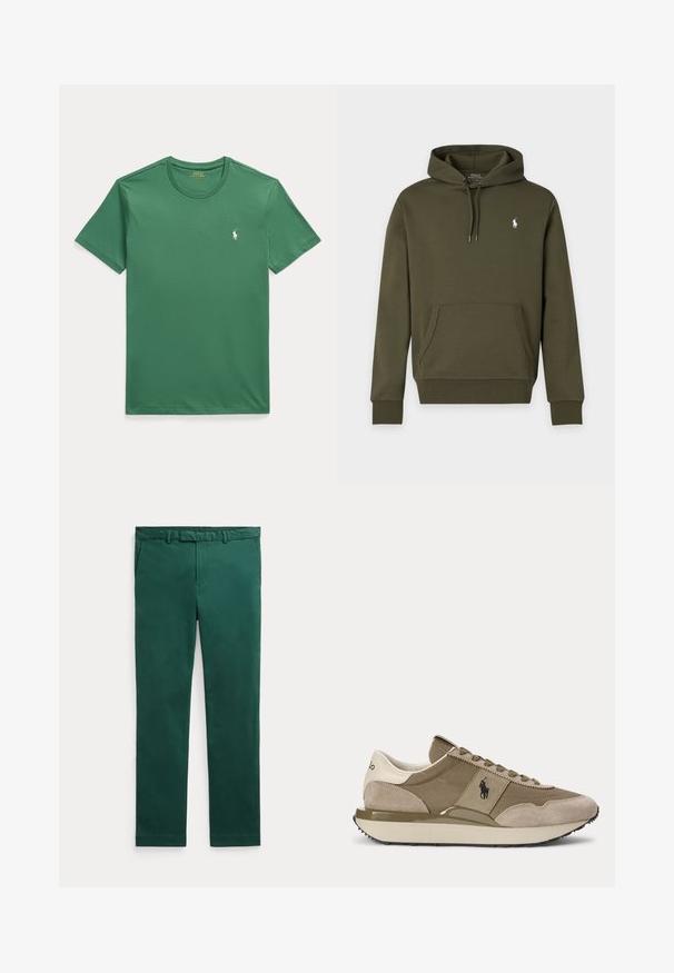 Tmavozelená mikina s kapucňou, predným vreckom a malým bielym logom Polo Ralph Lauren na ľavej strane hrude.; Zelené tričko s krátkym rukávom a okrúhlym výstrihom s malým bielym logom koníka Polo Ralph Lauren na ľavej strane hrudníka.; Tmavozelené nohavice s rovnými nohavicami, pútkami na opasok, bočnými vreckami a predným zipsom na jednoduchom svetlom pozadí.; Bočný pohľad na béžovo-hnedú tenisku s semišovými detailmi a logom Polo na boku na jednoduchom pozadí.