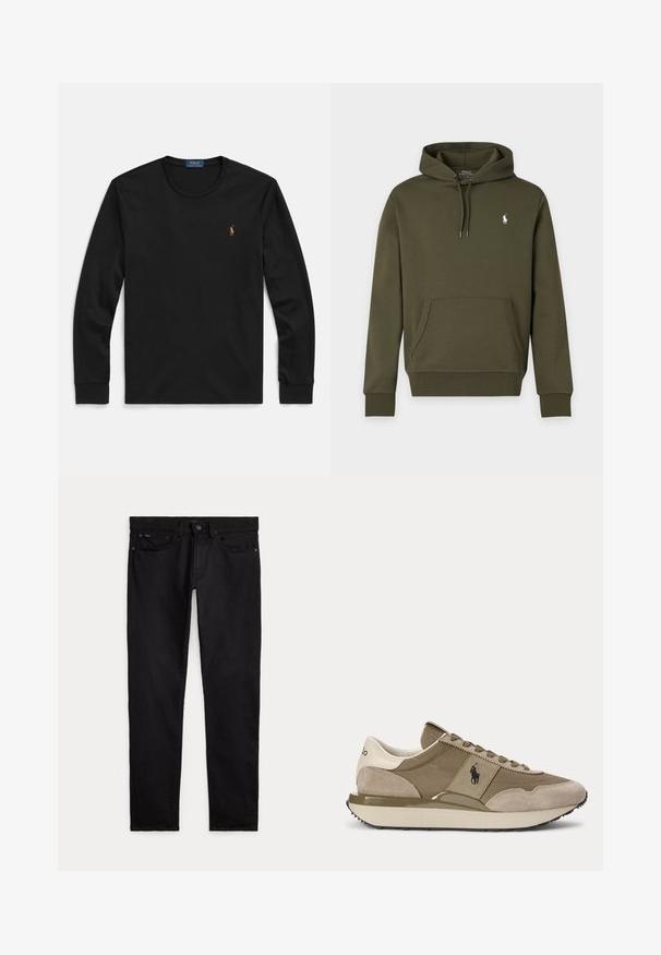 Donkergroene hoodie met voorzak en klein wit Polo Ralph Lauren-logo op de linkerborst.; Zwart shirt met lange mouwen van zacht katoen, voorzien van een ronde hals en een klein geborduurd logo op de borst met kleuraccenten.; Zwarte slim-fit jeans met voor- en achterzakken, riemlussen en een knoop- en ritssluiting plat gelegd op een witte achtergrond.; Zijaanzicht van beige en bruine sneaker met suède accenten en Polo-logo aan de zijkant tegen een effen achtergrond.