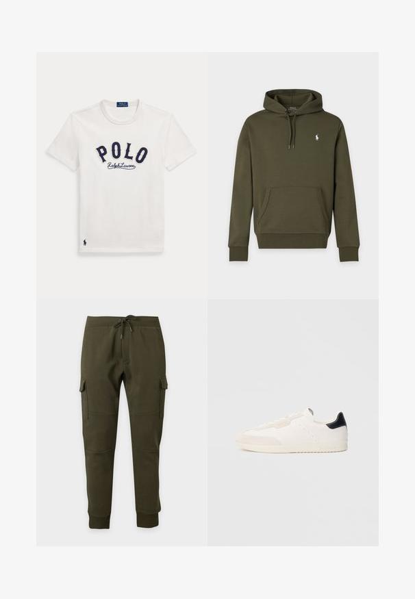 Sudadera con capucha de color verde oscuro con bolsillo frontal y pequeño logo blanco de Polo Ralph Lauren en el pecho izquierdo.; Camiseta blanca de manga corta con texto "POLO Ralph Lauren" en azul marino en el pecho y un pequeño logo de jugador de polo en azul marino cerca del bajo.; Pantalones jogger cargo verde oscuro con cintura de cordón, bolsillos laterales con solapa, puños acanalados en los tobillos y detalles de costura en las rodillas sobre un fondo liso.; Zapatillas blancas de cuero con detalles en ante, con una lengüeta negra en el talón, diseño con cordones, detalles perforados y marca sutil en el lateral.
