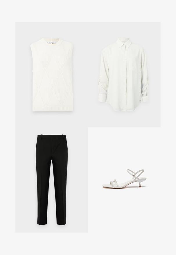 Gilet sans manches en tricot blanc avec motif en losanges et col rond et ourlet côtelés, étiqueté Maison Kitsuné Paris.; Chemise blanche à manches longues avec col, poche poitrine unique et manches retroussées. Tissu doux et lisse avec une coupe décontractée.; Pantalons noirs à coupe slim, avec un devant plat, des poches latérales et une texture lisse. Conçus avec une taille mi-haute et des jambes fuselées.; Sandalette blanche à lanières avec un petit talon, semelle plate et bride de cheville ajustable. Matériau lisse avec un design simple.