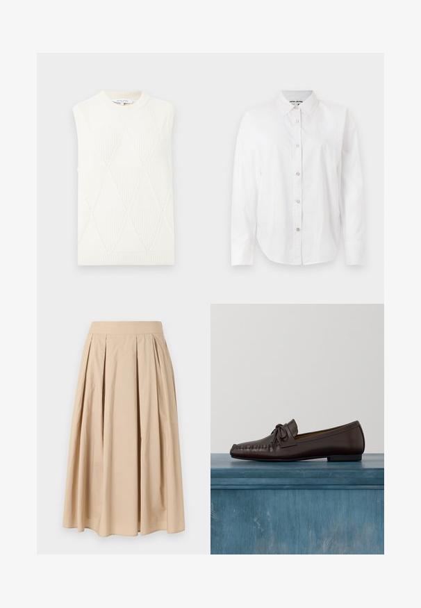 Gilet sans manches en tricot blanc avec motif en losanges et col rond et ourlet côtelés, étiqueté Maison Kitsuné Paris.; Chemise blanche en coton à boutons. Présente un col, des manches longues et cinq boutons sur le devant. Texture lisse, coupe classique.; Jupe plissée beige, longueur au genou, avec une large ceinture, réalisée en tissu léger, présentée sur un fond blanc uni.; Mocassins en cuir marron avec un bout arrondi, un détail de nœud et des surpiqûres décoratives le long du devant. Semelle plate en caoutchouc noir.