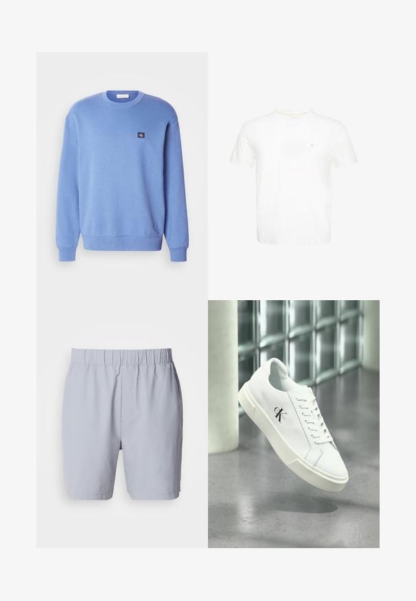 Lyseblå crewneck sweatshirt lavet af blødt materiale, med ribbestrikkede manchetter og søm, samt et lille logo-patch på den øverste venstre side.; Hvid T-shirt med korte ærmer og rund hals med lille broderet "ck" logo på venstre bryst.; Lysegrå badebukser med elastisk talje, to sidelommer og et glat, letvægtsstof. Ingen synlige mønstre eller udsmykninger.; Hvid Calvin Klein sneaker med snørebånd, vist svævende over en poleret betongulv og en baggrund af glasblokke.