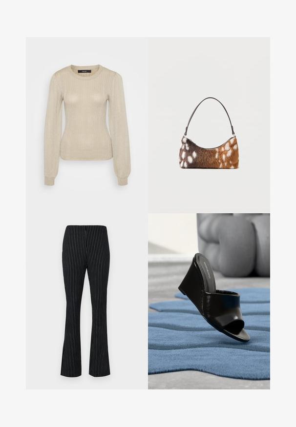 Vero Moda Tall VMTALIA O NECK - Svetrík - eucalyptus/silver-coloured; Čierne rozšírené nohavice s bielymi vertikálnymi prúžkami, s elastickým pásom a hladkým, textúrovaným povrchom látky.; Čierna klinová mule topánka s otvorenou špičkou na modrom textúrovanom koberci, v pozadí rozostrená sivá pohovka.; Ramenná taška s hnedo-bielym bodkovaným umelým kožúškom a tenkým čiernym remienkom, zobrazená na bielom pozadí.