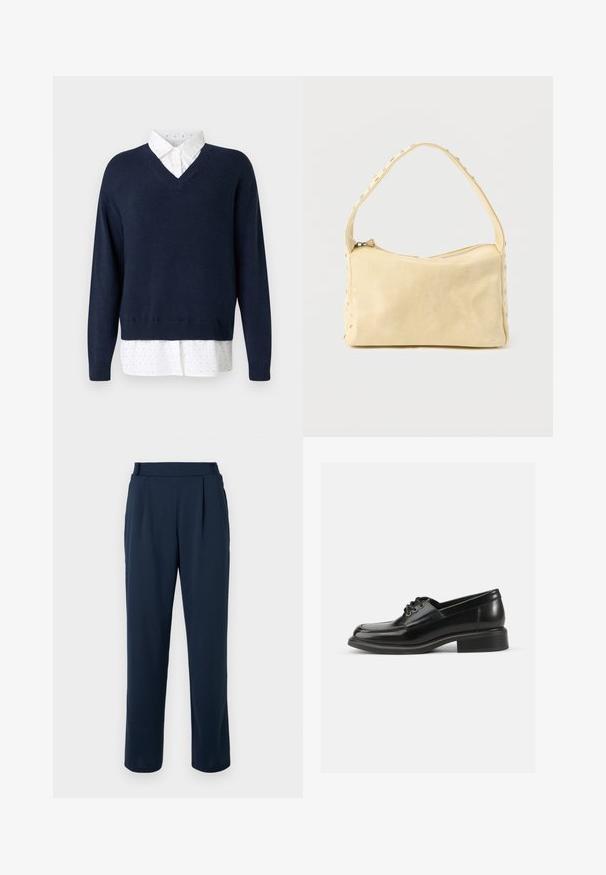 Suéter de punto suave en azul marino con escote en V, superpuesto a una camisa blanca con pequeños lunares esparcidos y un cuello clásico.; Pantalones azul marino con diseño de pierna recta, cintura alta, pliegues y una textura suave y lisa. Sin herrajes visibles ni patrones.; Zapato de dress de cuero negro con textura suave, puntera redondeada, dos ojales para cordones y un sólido tacón cuadrado. Diseño simple sin patrones.; Pequeño bolso de cuero beige con una sola correa y tachuelas plateadas a lo largo de los bordes y la correa, sobre un fondo liso.