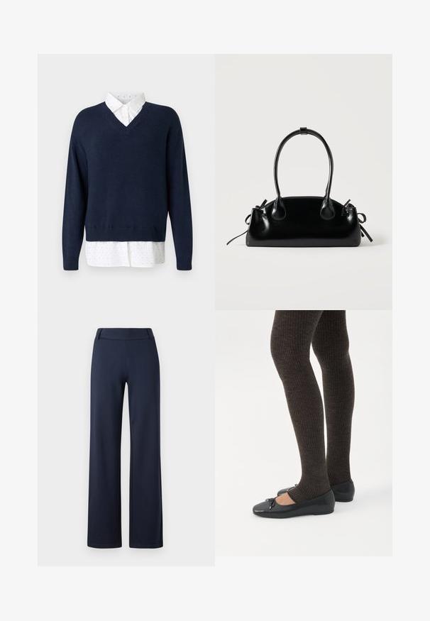 Suéter de punto suave en azul marino con escote en V, superpuesto a una camisa blanca con pequeños lunares esparcidos y un cuello clásico.; Pantalones de pierna ancha en azul marino, fabricados con un material suave y elástico. Cuentan con una cinturilla plana y una textura suave; sin patrones visibles ni herrajes.; Piernas con leggings oscuros acanalados combinados con bailarinas negras que presentan pequeños detalles de lazo sobre un fondo blanco.; Pequeño bolso negro brillante con dos asas largas y detalles de cordón lateral sobre un fondo claro liso.