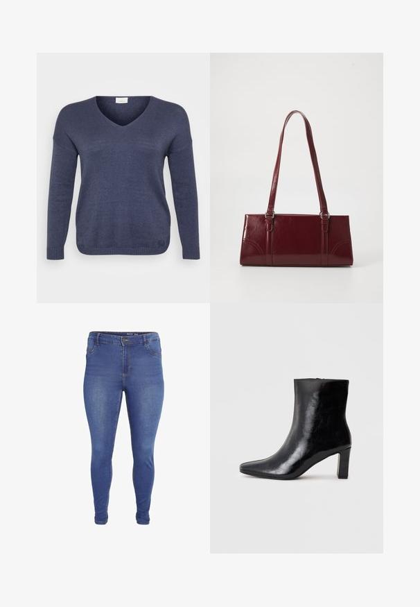 Marineblauer Strickpullover mit V-Ausschnitt, langen Ärmeln und gerippten Bündchen. Das Material wirkt weich mit feiner Textur. Keine sichtbaren Muster.; Blaue Skinny-Jeans mit Vorder- taschen, Gürtelschlaufen, Knopfverschluss und leichter Verblassung an Oberschenkeln und Knien.; Schwarze Knöchelstiefel aus glänzendem Leder mit spitzem Zustand und mittelhohem Blockabsatz, mit glatter Textur und einfachem Design.; Burgunderfarbene Handtasche aus glänzendem Material, rechteckige Form, mit zwei Schulterriemen und subtilen, geschwungenen Akzenten an der Vorderseite.