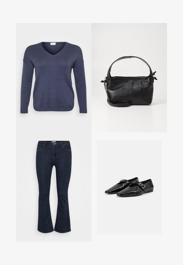 Marineblauw gebreid sweater met een V-hals, lange mouwen en ribgebreide manchetten. Materiaal lijkt zacht met een fijne textuur. Geen zichtbare patronen.; Donkerblauwe high-waisted denim jeans met een aansluitende pijp en een lichte flare aan de onderkant, voorzien van voorzakken en een knoopsluiting.; Paar zwarte lakleren platte schoenen met puntige neuzen en een gespenriem over de bovenkant, getoond op een effen lichte achtergrond.; Zwarte leren handtas met een gestructureerd ontwerp, een ronde bovenhandgreep en een afneembare schouderriem. Beschikt over een gladde textuur en een subtiele glans.