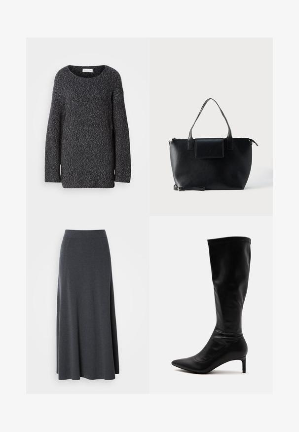 Suéter de punto gris oscuro con un escote amplio, mangas largas y un corte relajado. Textura suave con un sutil patrón jaspeado en toda la prenda.; Larga falda maxi de color gris oscuro, hecha de tela suave y elástica. Presenta una cintura alta y un diseño fluido, con costuras laterales sutiles para darle forma.; Bota de cuero negra hasta la rodilla con punta puntiaguda y tacón medio delgado sobre un fondo claro y liso.; Bolso tote de cuero negro con dos asas, una correa desmontable, cierre de solapa magnética y textura suave. Parte superior con cremallera y costuras decorativas.