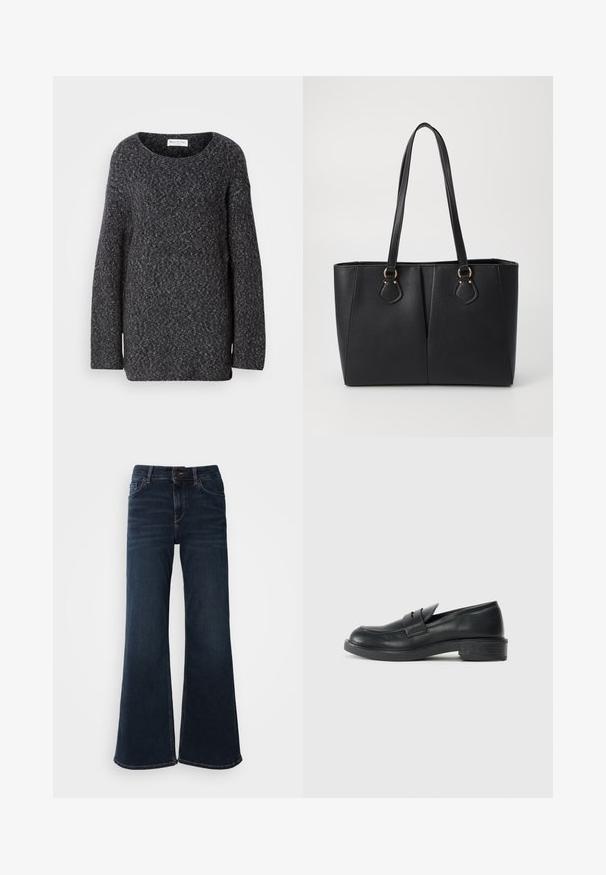 Donkergrijs gebreid sweater met een brede halslijn, lange mouwen en een relaxte pasvorm. Zachte textuur met een subtiel gemêleerd patroon.; Mos Mosh HERA - Flared Jeans - dark blue; Zwarte leren instappers met een ronde punt, gestikte details en een kleine hak. Soepele textuur en een flexibele rubberen zool.; Zwarte neplederen tote bag met een gestructureerde afwerking, twee lange handvatten en goudkleurige hardware-accenten aan de zijkant. Rechthoekige vorm.
