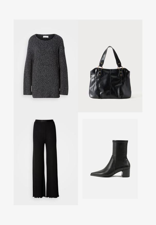 Pull en maille gris foncé avec un large col, des manches longues et une coupe décontractée. Texture douce avec un léger motif chiné.; Pantalons noirs à jambes larges avec une ceinture lisse, comportant des côtes verticales discrètes et des ourlets festonnés pour plus de texture et de détails.; Bottine noire en cuir lisse, avec un bout pointu, un talon carré et des coutures surélevées distinctes au bord supérieur.; Sac à épaule en cuir noir avec double anses attachées par des anneaux et rivets dorés, surface lisse et légèrement brillante, design simple.