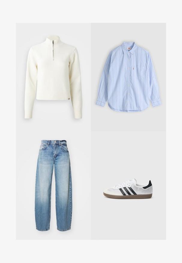 Suéter blanco con cuello de cremallera y mangas largas. Fabricado en un material de punto suave, con puños y dobladillo acanalados. Logo de la marca sutil en el dobladillo.; Camisa azul claro abotonada con rayas verticales rojas, cuello, mangas largas y un bolsillo en el pecho. Hecha de algodón, con un dobladillo curvado.; Jeans de pierna ancha en color azul claro con un acabado desgastado, cinco bolsillos y cierre de botón. La tela es denim, con costuras clásicas y un corte relajado.; Zapatilla blanca de malla con rayas negras, puntera y detalle en el talón de ante beige, suela de goma texturizada y cordones blancos. Diseño clásico de corte bajo.