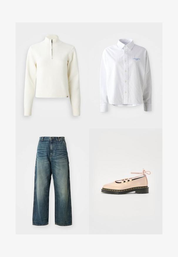 Hvid, sweater med lynlås ved halsen og lange ærmer. Lavet af et blødt strikmateriale, med ribbede manchetter og kant. Diskret mærke-logo ved kanten.; Hvid skjorte med lyseblå lodrette striber, en spids krave og et lille blåt logo på venstre bryst. Forarbejdet i bomuldsstof, afslappet pasform.; Bredde ben denim jeans i en falmet blå vask. Har en knaplukning, fem lommer og synlige sømme. Materialet har en glat tekstur.; Bleg pink lædersko med rund tå, snørebåndsdetaljer og en sort platformsål prydet med gule syninger.