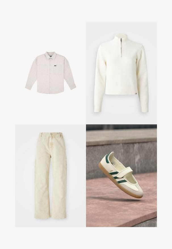 Pull-over blanc à col zippé et manches longues. Fabriqué en matériau tricoté doux, avec des poignets et un ourlet côtelés. Logo de la marque subtil à l'ourlet.; Chemise boutonnée à manches longues de couleur gris clair avec des rayures verticales. Équipée de poches poitrine et d'un col classique. Tissu doux avec une coupe décontractée.; Pantalons en denim beige à jambes larges avec taille haute, dotés d'une fermeture à boutons et zippée à l'avant, de passants de ceinture et de poches latérales. Texture douce.; Chaussure en cuir blanc avec des rayures vertes, bout rond, fixée par une bride. Semelle en gomme, design minimaliste, surpiqûres en relief le long des bords supérieurs.