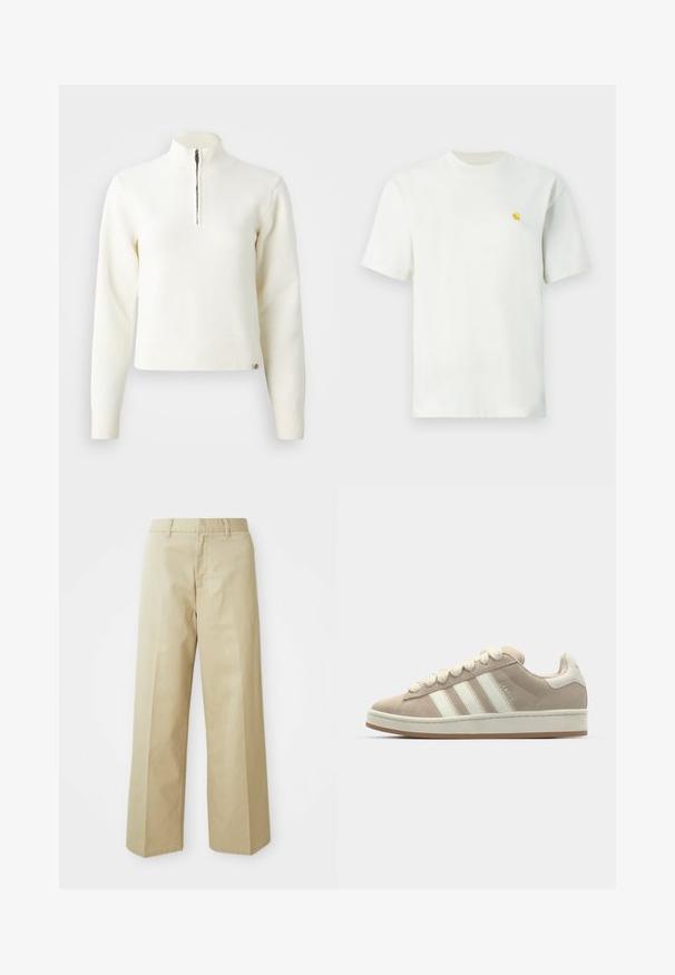 Suéter blanco con cuello de cremallera y mangas largas. Fabricado en un material de punto suave, con puños y dobladillo acanalados. Logo de la marca sutil en el dobladillo.; Camiseta blanca de manga corta y cuello redondo con un pequeño logo amarillo en el lado izquierdo del pecho, exhibida sobre un fondo sencillo.; Pantalones anchos de color beige fabricados en algodón con una textura suave. Presentan un corte recto, trabillas para cinturón y bolsillos delanteros.; Zapatillas de ante marrón con rayas y cordones de cuero blanco, suela de goma, cuello acolchado y detalles texturizados en la parte superior.
