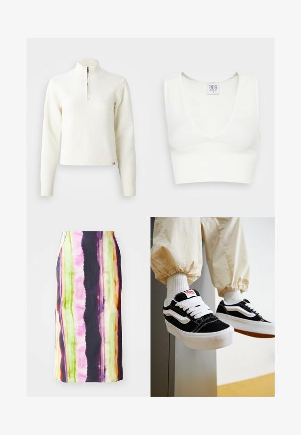 Hvid, sweater med lynlås ved halsen og lange ærmer. Lavet af et blødt strikmateriale, med ribbede manchetter og kant. Diskret mærke-logo ved kanten.; Hvid ribbet crop top med dyb V-udskæring og brede skulderstropper. Mærket synligt med brandnavnet "BDG" og størrelse "S." Glat tekstur.; Farverig mellemlang nederdel med lodrette striber i pink, grøn, gul og lilla. Fremstillet af et glat stof med en let glans.; Person iført sorte og hvide Vans sneakers med hvide snørebånd, hvide sokker og beige bukser med elastiske manchetter.