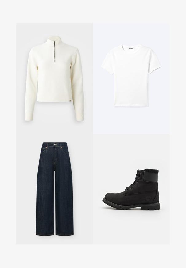 Pull-over blanc à col zippé et manches longues. Fabriqué en matériau tricoté doux, avec des poignets et un ourlet côtelés. Logo de la marque subtil à l'ourlet.; T-shirt blanc uni à manches courtes et col rond avec une petite étiquette "WEEKDAY" à l'intérieur de l'encolure, présenté à plat sur un fond clair.; Jean bleu foncé à jambes larges avec bouton et fermeture éclair à l'avant, passants de ceinture ainsi que poches avant et arrière sur fond uni.; Bottine en cuir noir avec un bout rond, lacets à l'avant, col en fausse fourrure et semelle en caoutchouc. Présente un logo de marque sur le côté.